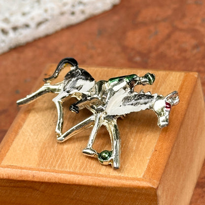 Estate Silver-Tone Horse + Jockey Painted Pin Brooch