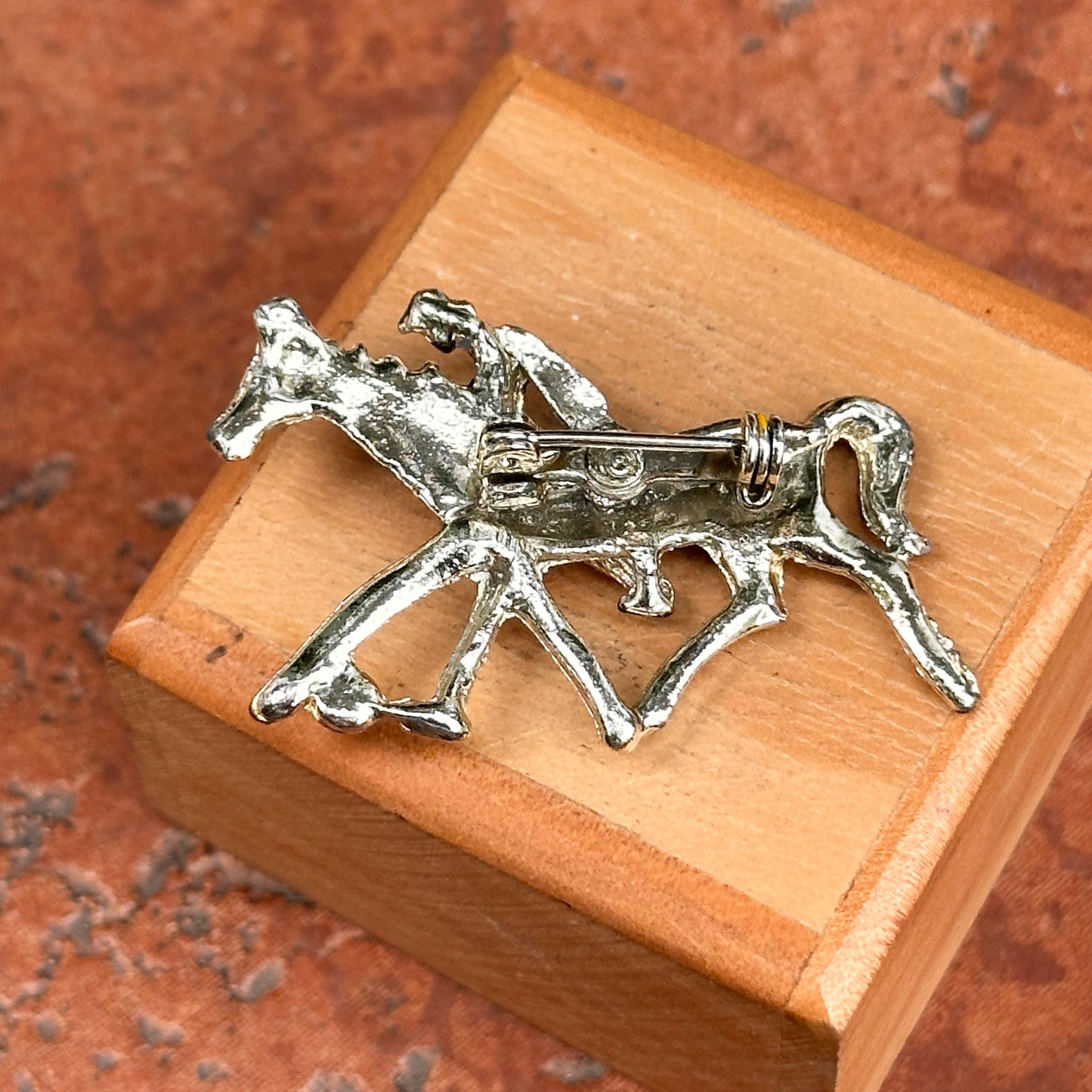 Estate Silver-Tone Horse + Jockey Painted Pin Brooch