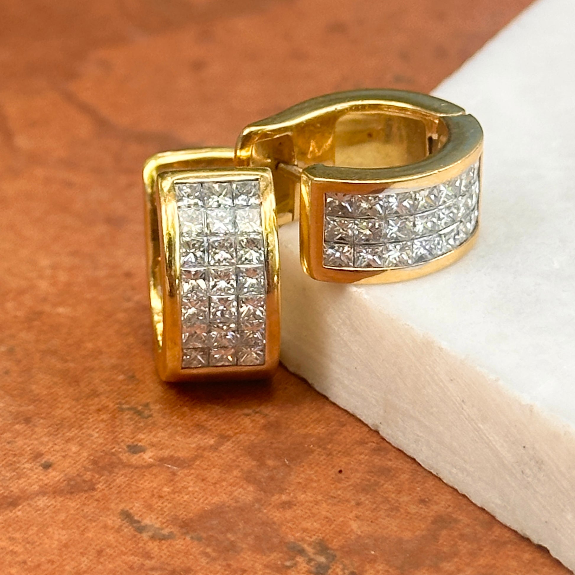 Estate 18KT Yellow Gold 3 Row Princess Cut Invisible Set Diamonds Huggie Earrings - LSJ