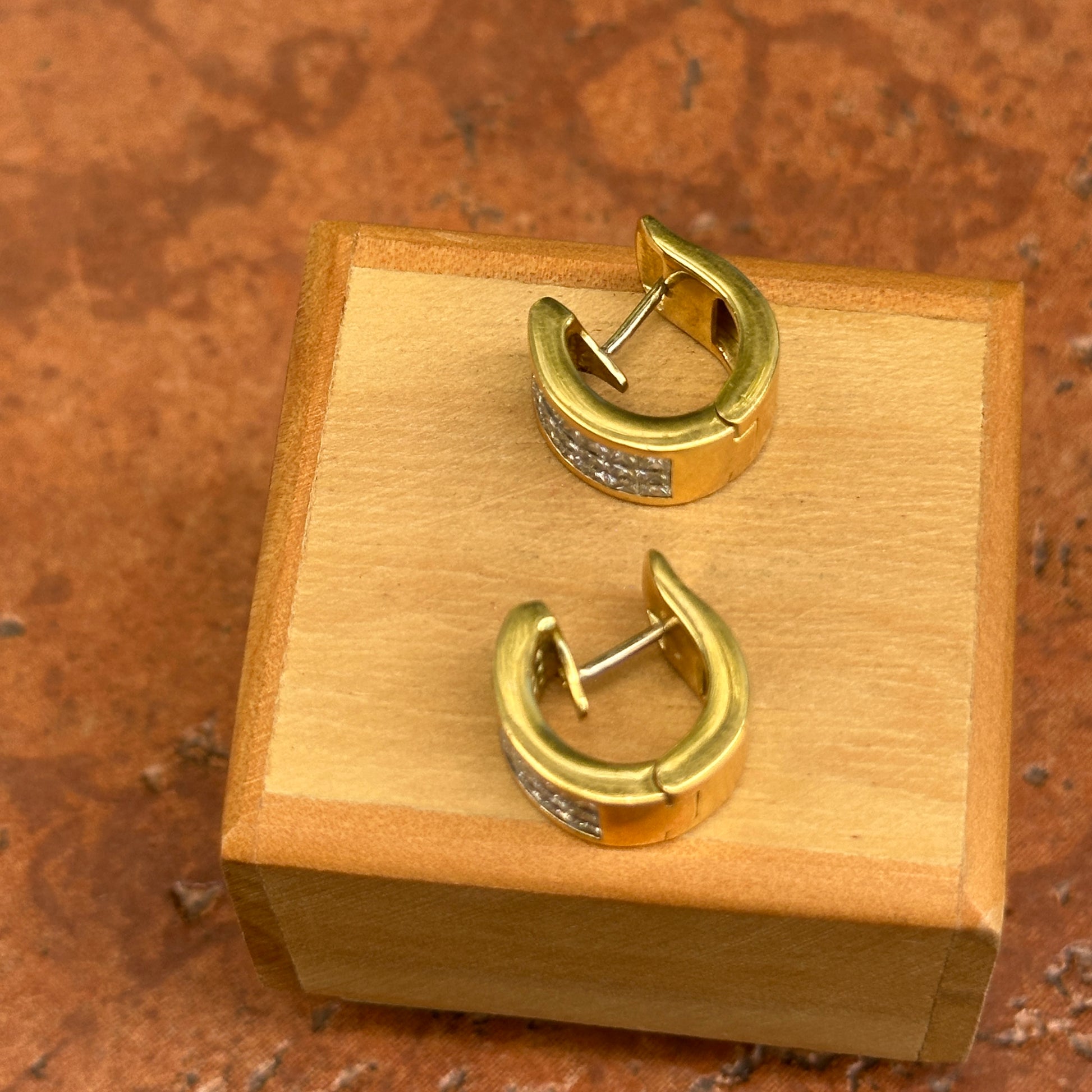 Estate 18KT Yellow Gold 3 Row Princess Cut Invisible Set Diamonds Huggie Earrings - LSJ