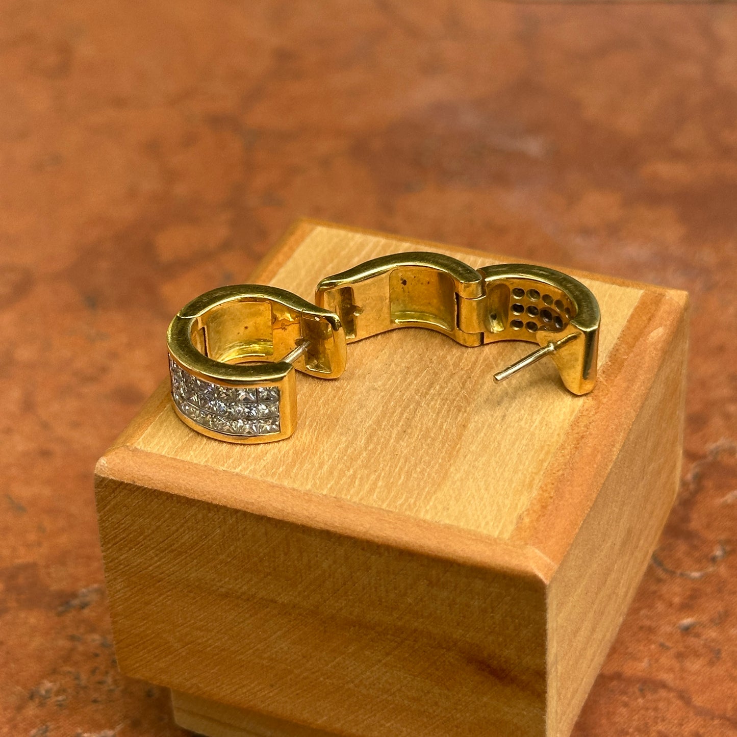 Estate 18KT Yellow Gold 3 Row Princess Cut Invisible Set Diamonds Huggie Earrings - LSJ