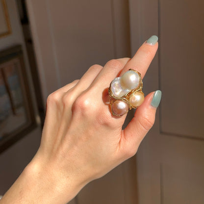Yellow Gold-Plated White, Pink and Rose Fresh Water Pearl Cluster Ring