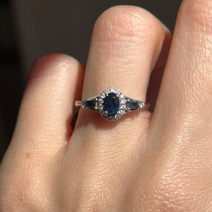 Estate 10KT White Gold Oval Blue Sapphire + Diamond Accent Ring