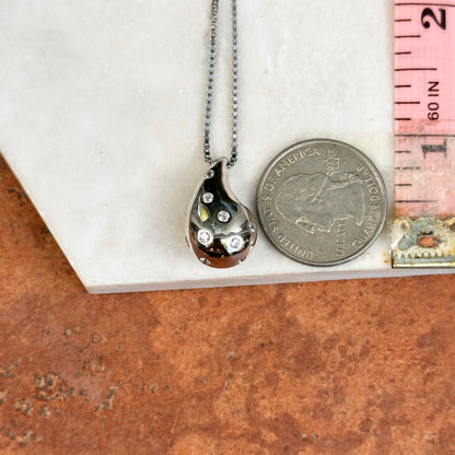 Sterling Silver Tapered Puffed CZ Stone Teardrop Pendant Chain Necklace