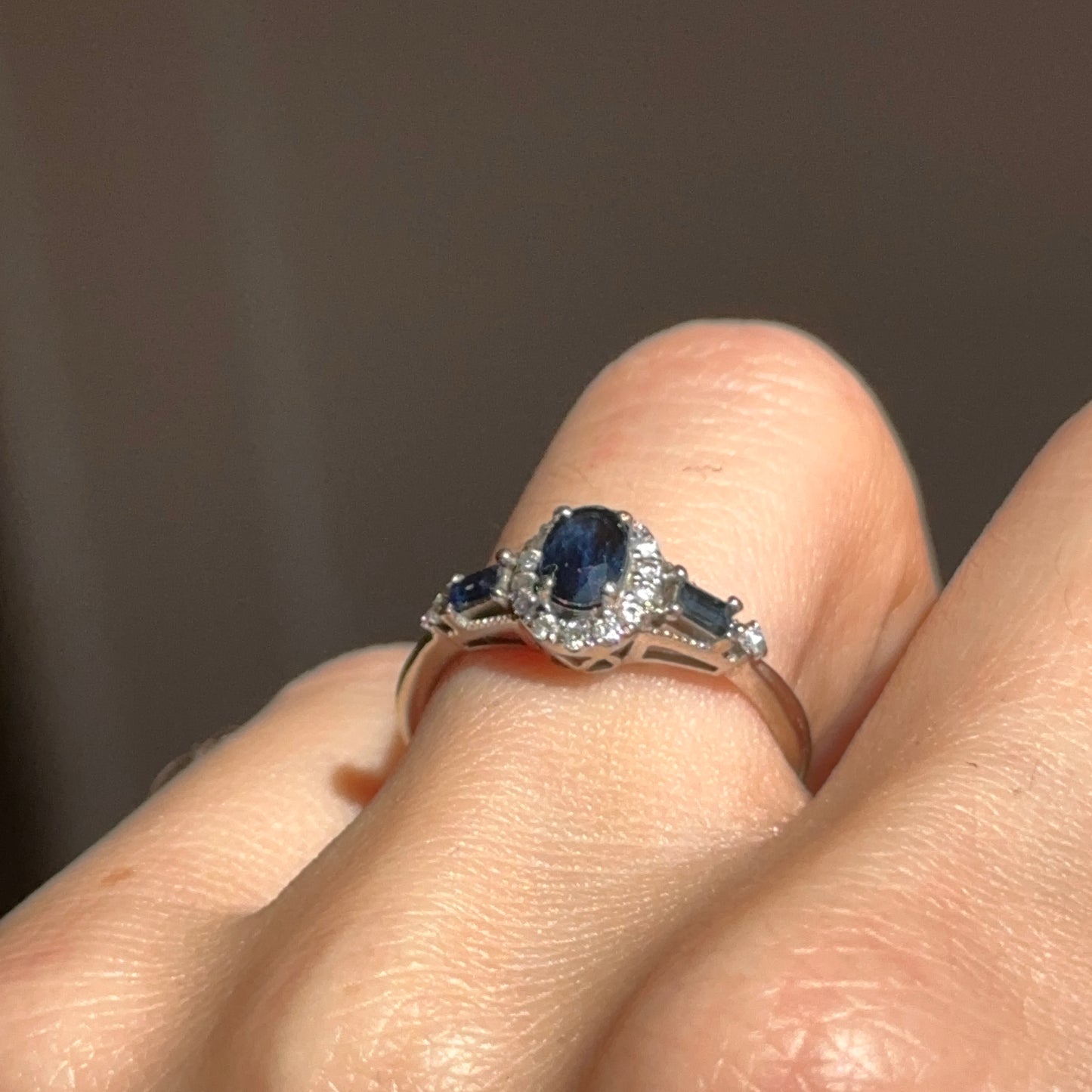 Estate 10KT White Gold Oval Blue Sapphire + Diamond Accent Ring