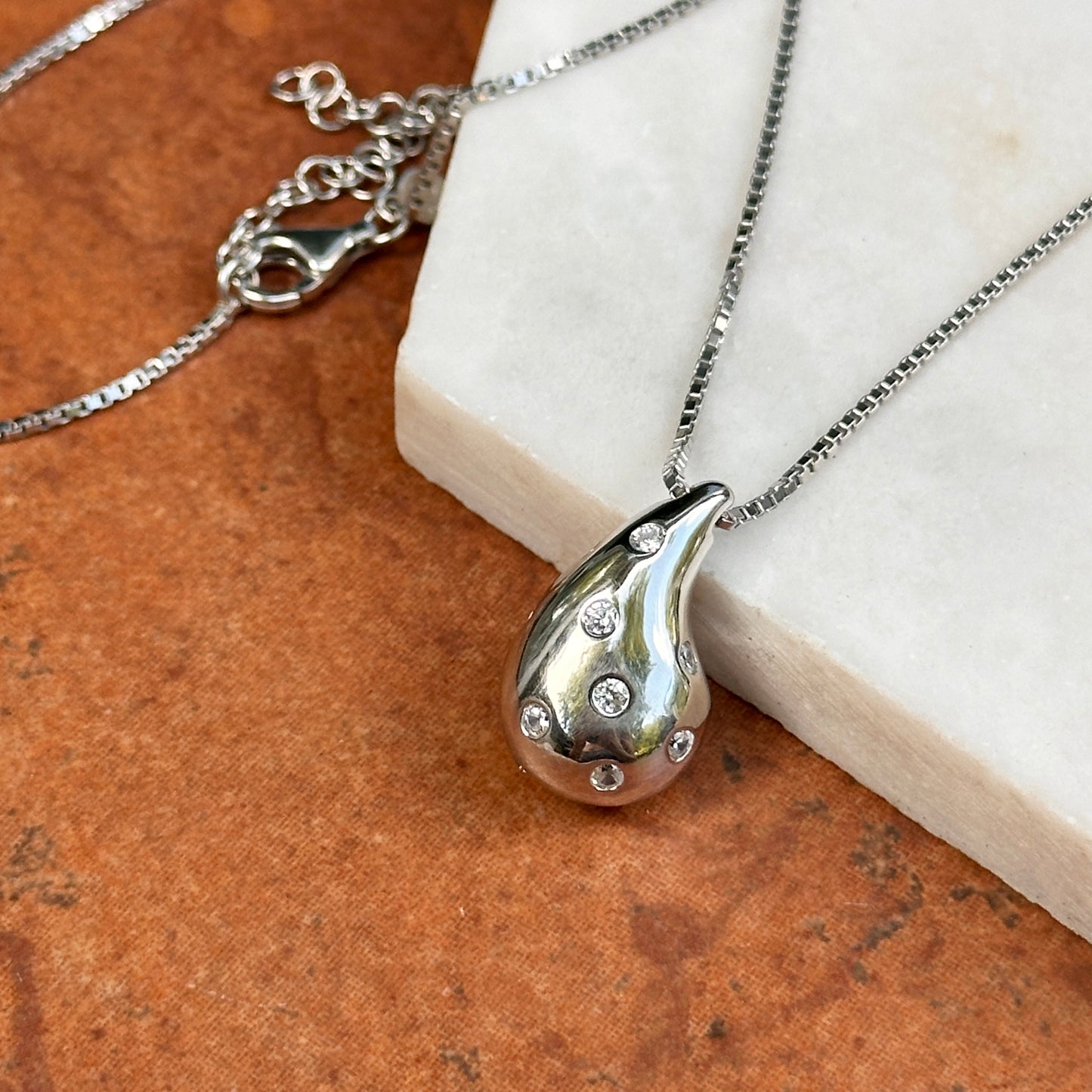 Sterling Silver Tapered Puffed CZ Stone Teardrop Pendant Chain Necklace