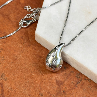 Sterling Silver Tapered Puffed CZ Stone Teardrop Pendant Chain Necklace
