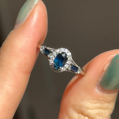 Estate 10KT White Gold Oval Blue Sapphire + Diamond Accent Ring