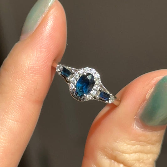 Estate 10KT White Gold Oval Blue Sapphire + Diamond Accent Ring