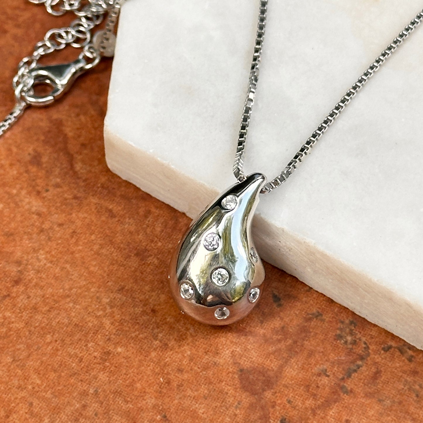 Sterling Silver Tapered Puffed CZ Stone Teardrop Pendant Chain Necklace