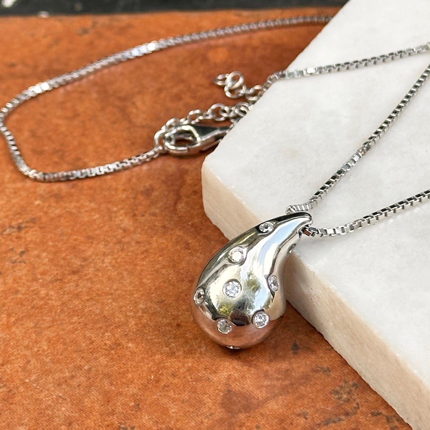 Sterling Silver Tapered Puffed CZ Stone Teardrop Pendant Chain Necklace