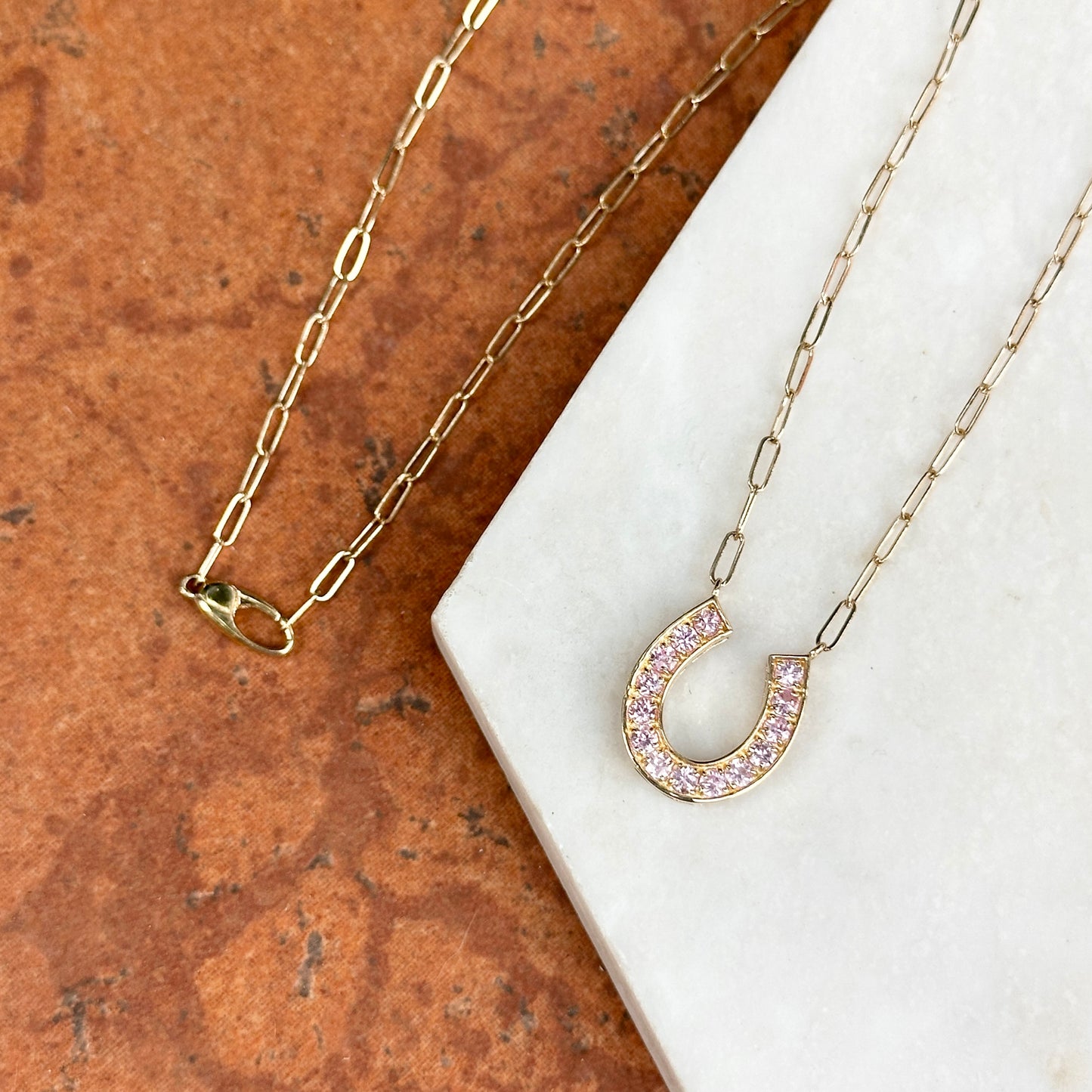 14KT Yellow Gold Pink Sapphire Horseshoe Necklace