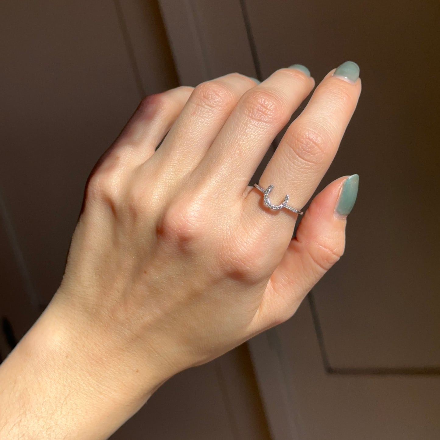 14KT White Gold Round Single Cut Diamond Horseshoe Ring