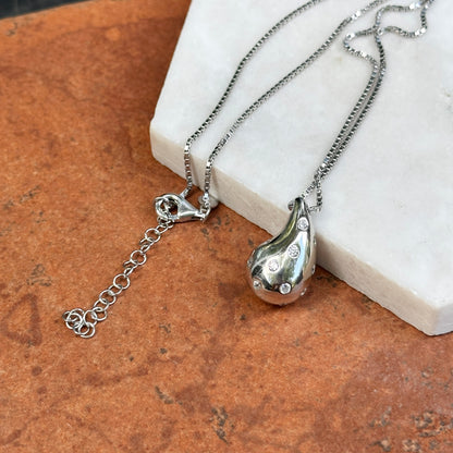 Sterling Silver Tapered Puffed CZ Stone Teardrop Pendant Chain Necklace