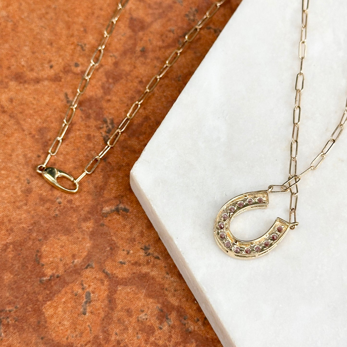 14KT Yellow Gold Pink Sapphire Horseshoe Necklace