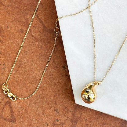 14KT Yellow Gold Puffed Diamond Gypsy-Set Teardrop Pendant Chain Necklace