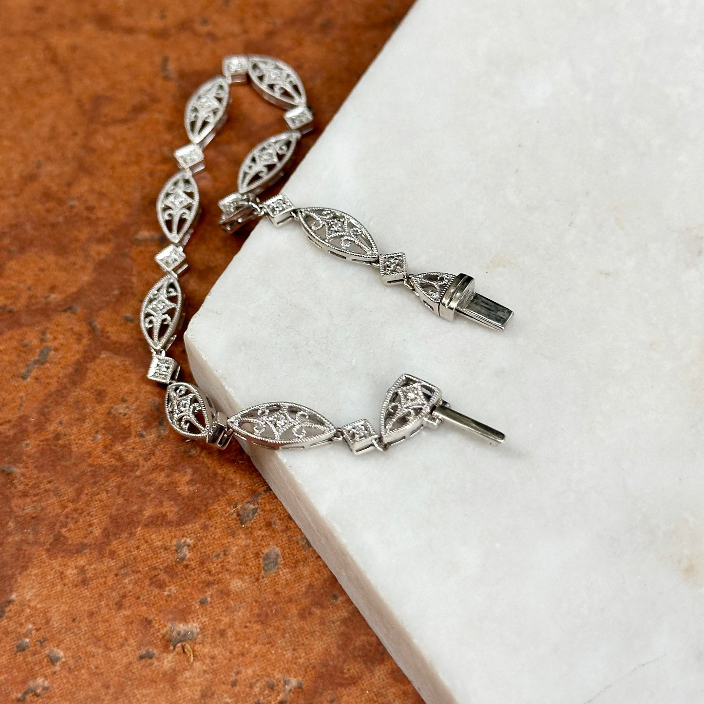 Estate 14KT White Gold Diamond Miligrain Art Deco Tennis Bracelet