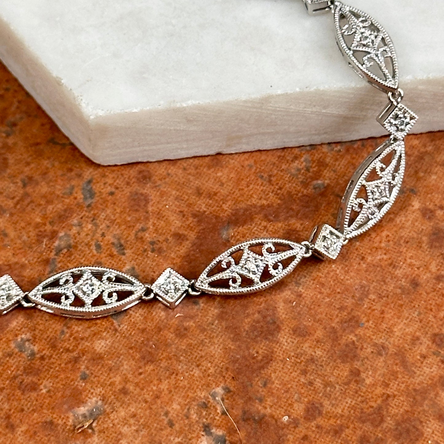 Estate 14KT White Gold Diamond Miligrain Art Deco Tennis Bracelet
