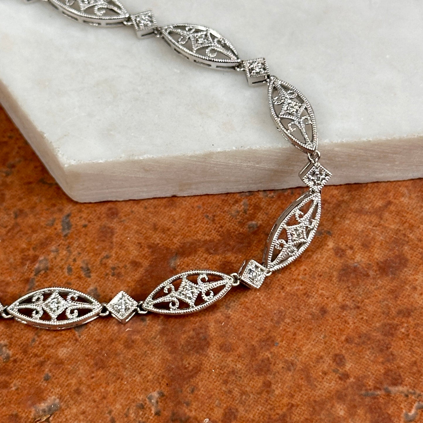 Estate 14KT White Gold Diamond Miligrain Art Deco Tennis Bracelet
