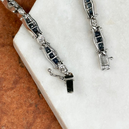 Estate 14KT White Gold Square Blue Sapphire + Diamond Tennis Bracelet