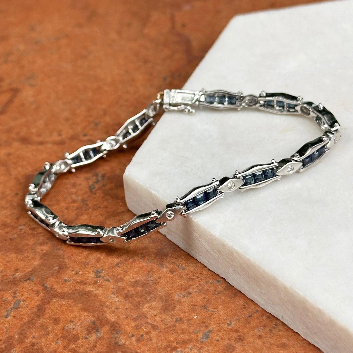 Estate 14KT White Gold Square Blue Sapphire + Diamond Tennis Bracelet