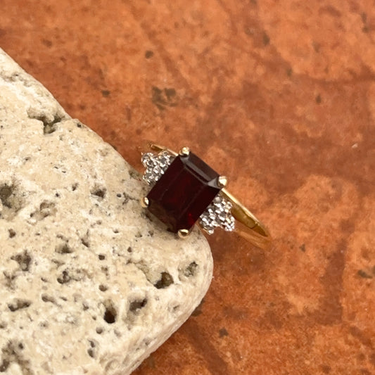 Estate 10KT Yellow Gold Emerald-Cut Garnet + Diamond Ring