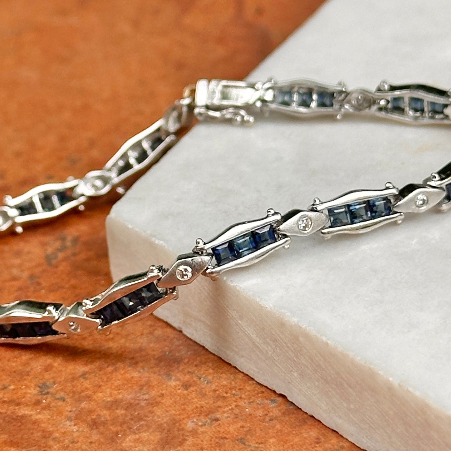 Estate 14KT White Gold Square Blue Sapphire + Diamond Tennis Bracelet