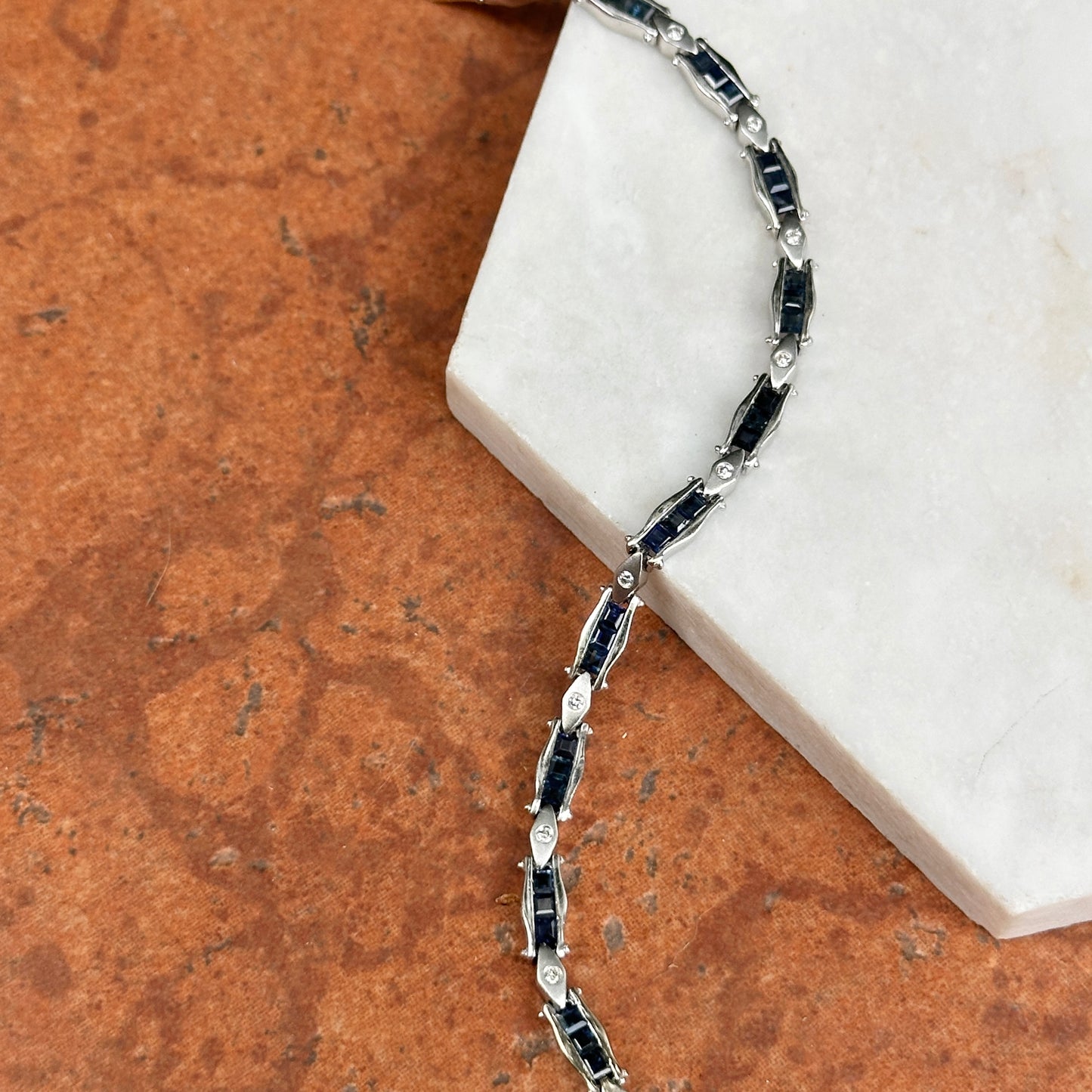 Estate 14KT White Gold Square Blue Sapphire + Diamond Tennis Bracelet
