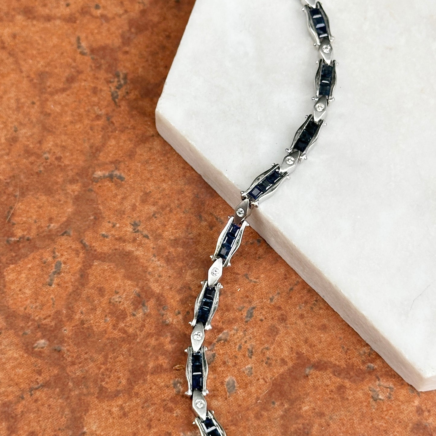 Estate 14KT White Gold Square Blue Sapphire + Diamond Tennis Bracelet