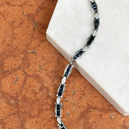 Estate 14KT White Gold Square Blue Sapphire + Diamond Tennis Bracelet
