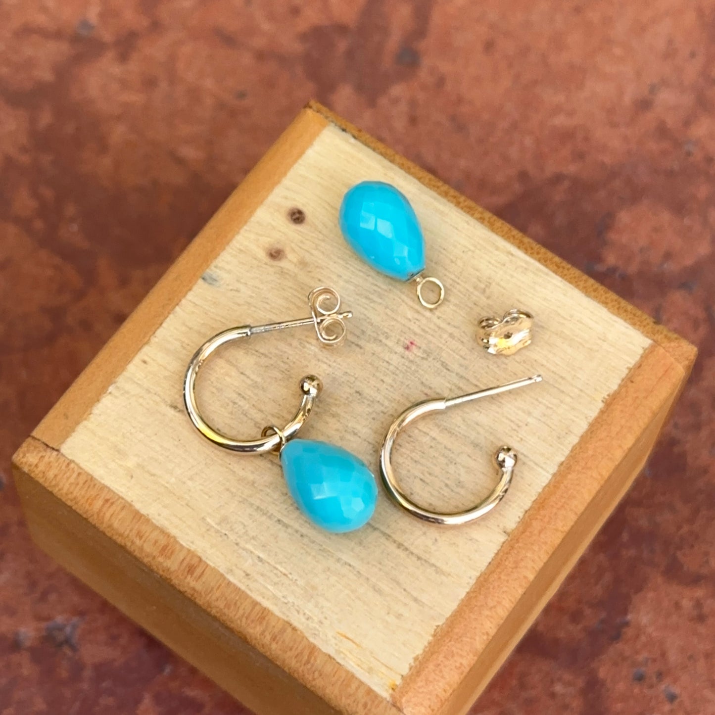 14KT Yellow Gold Teardrop Turquoise Charm Hoop Earrings