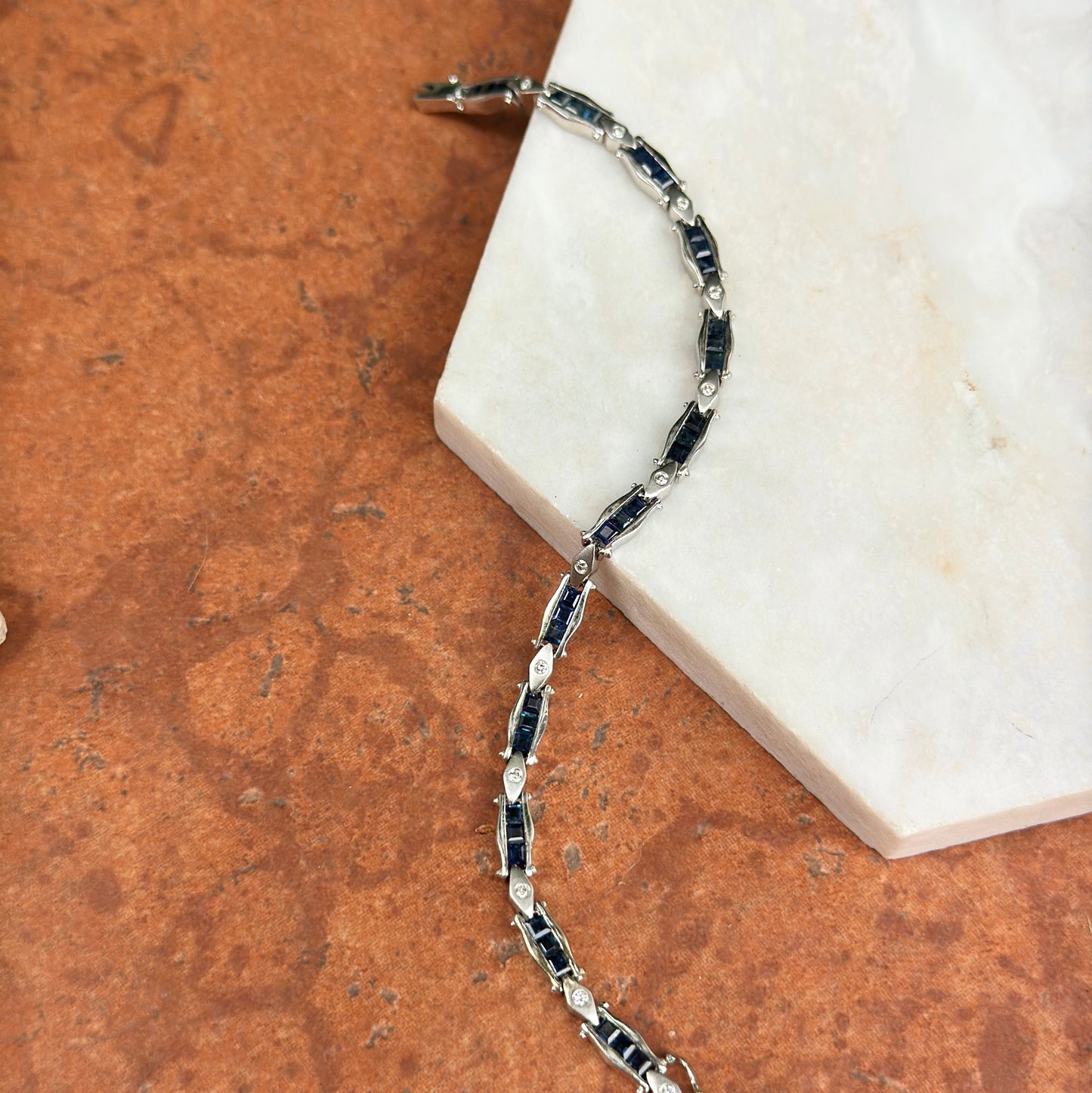 Estate 14KT White Gold Square Blue Sapphire + Diamond Tennis Bracelet