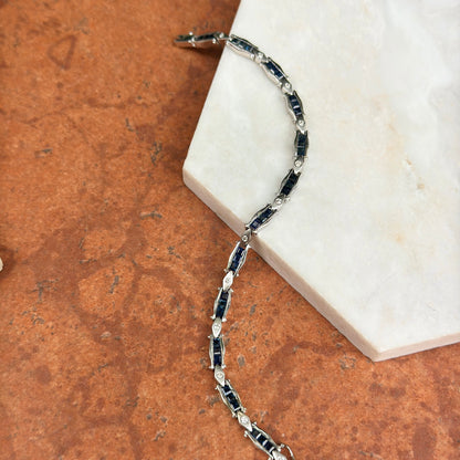 Estate 14KT White Gold Square Blue Sapphire + Diamond Tennis Bracelet