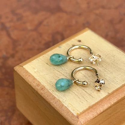 14KT Yellow Gold Teardrop Emerald Charm Hoop Earrings