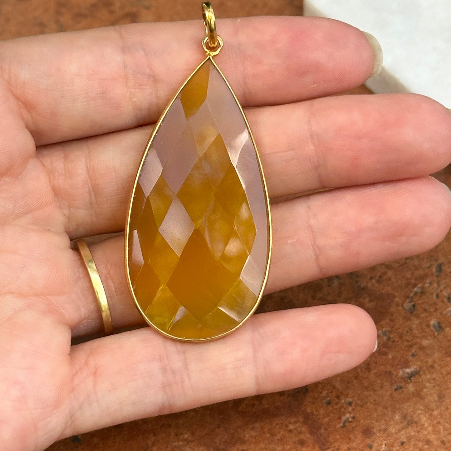 Yellow Gold Plated Silver Large Teardrop Yellow Onyx Pendant Drop Charm