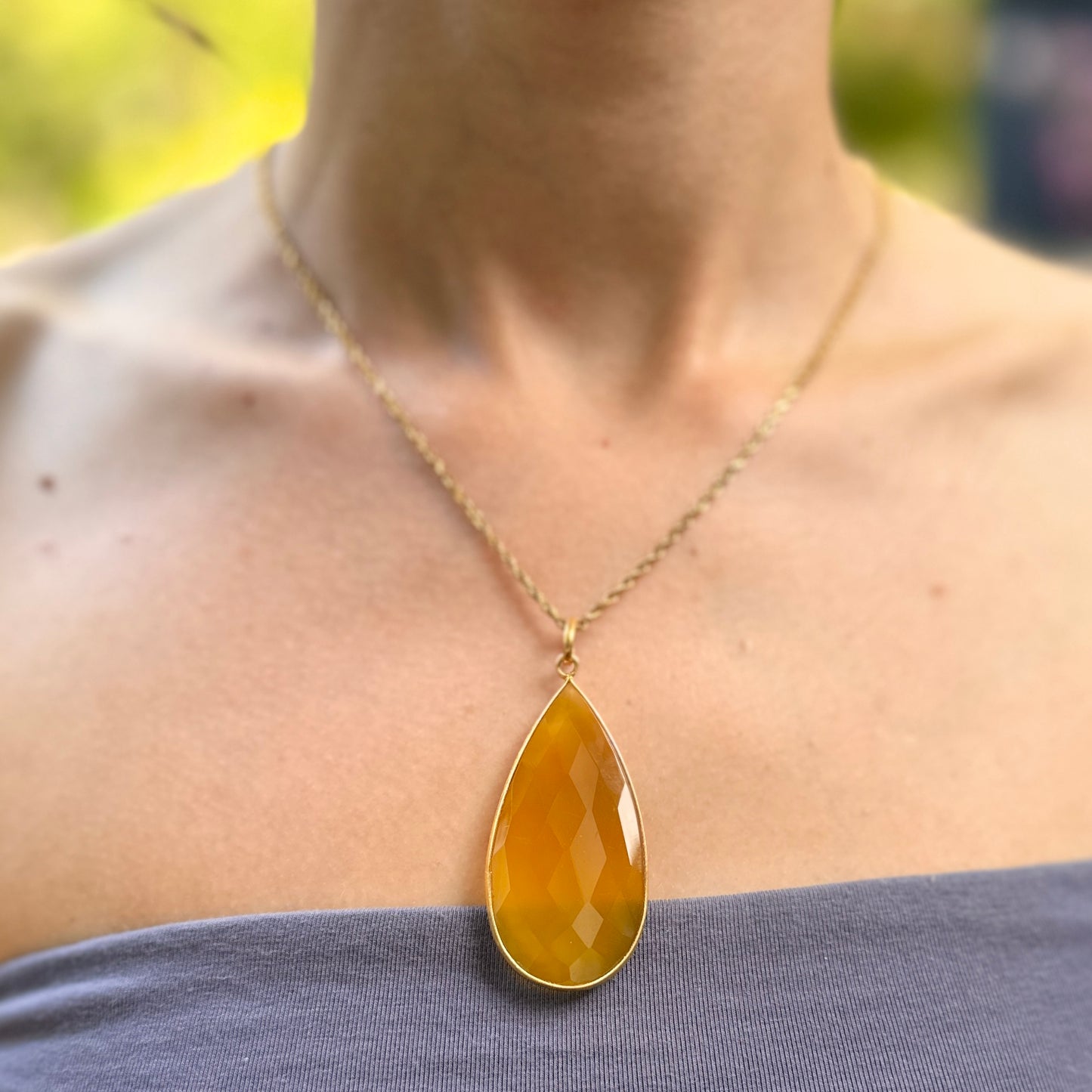 Yellow Gold Plated Silver Large Teardrop Yellow Onyx Pendant Drop Charm
