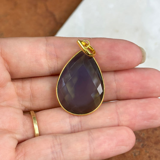 Yellow Gold Plated Silver Teardrop Blue Onyx Pendant Drop Charm