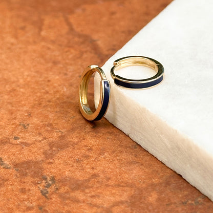 14KT Yellow Gold Solid Navy Blue Enamel Huggie Hoop Earrings Small