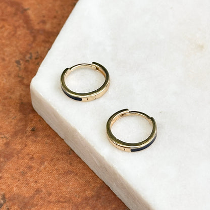 14KT Yellow Gold Solid Navy Blue Enamel Huggie Hoop Earrings Small