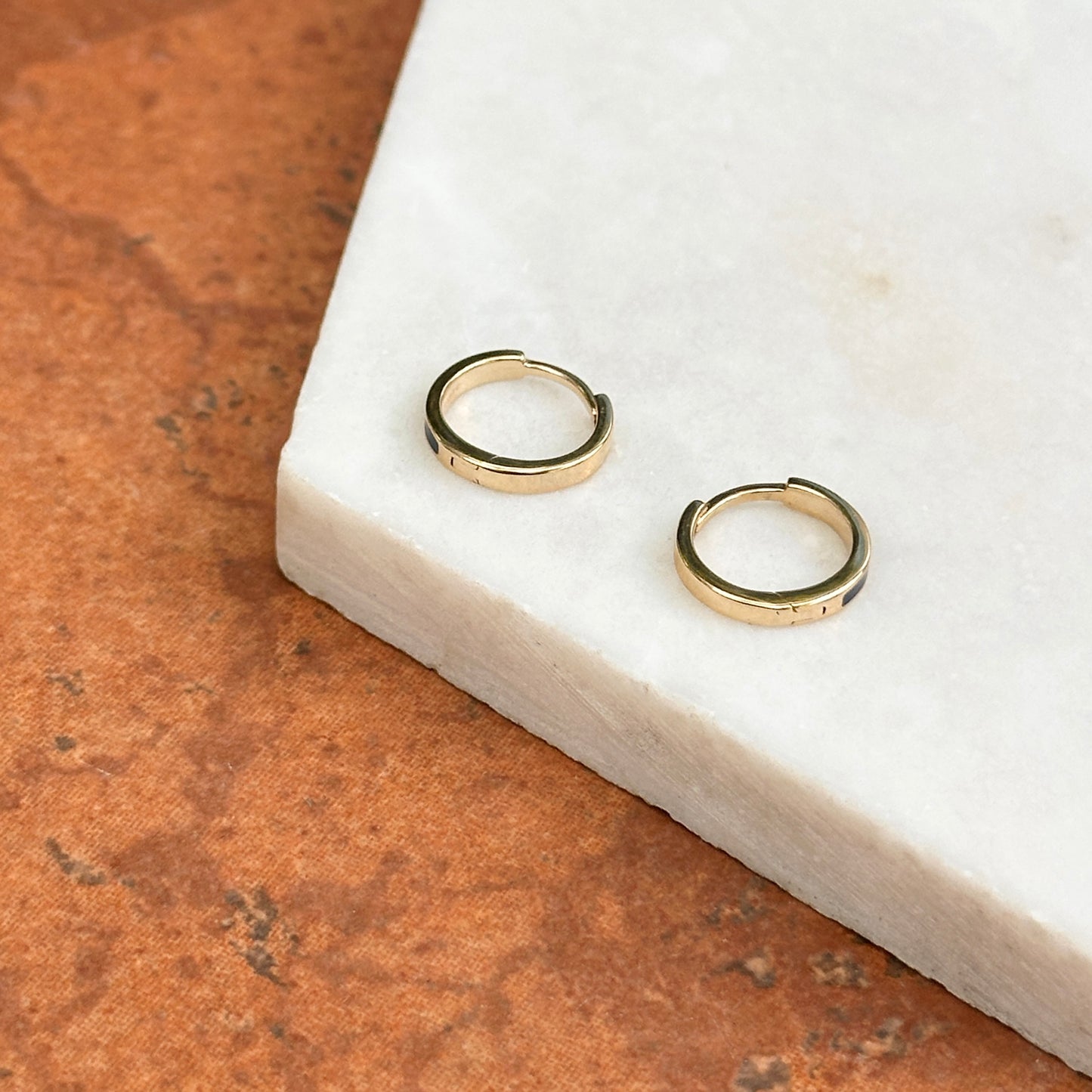 14KT Yellow Gold Solid Navy Blue Enamel Huggie Hoop Earrings Small