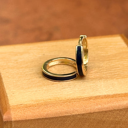 14KT Yellow Gold Solid Navy Blue Enamel Huggie Hoop Earrings Small