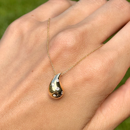 14KT Yellow Gold Puffed Diamond Gypsy-Set Teardrop Pendant Chain Necklace