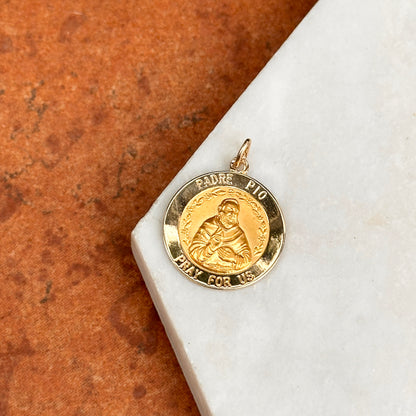 14KT Yellow Gold Solid Padre Pio Round Medal Pendant 18mm