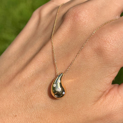 14KT Yellow Gold Puffed Diamond Gypsy-Set Teardrop Pendant Chain Necklace