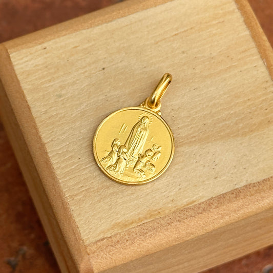 18KT Yellow Gold Matte Our Lady of Fatima Round Medal Pendant 14mm