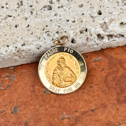 14KT Yellow Gold Solid Padre Pio Round Medal Pendant 18mm