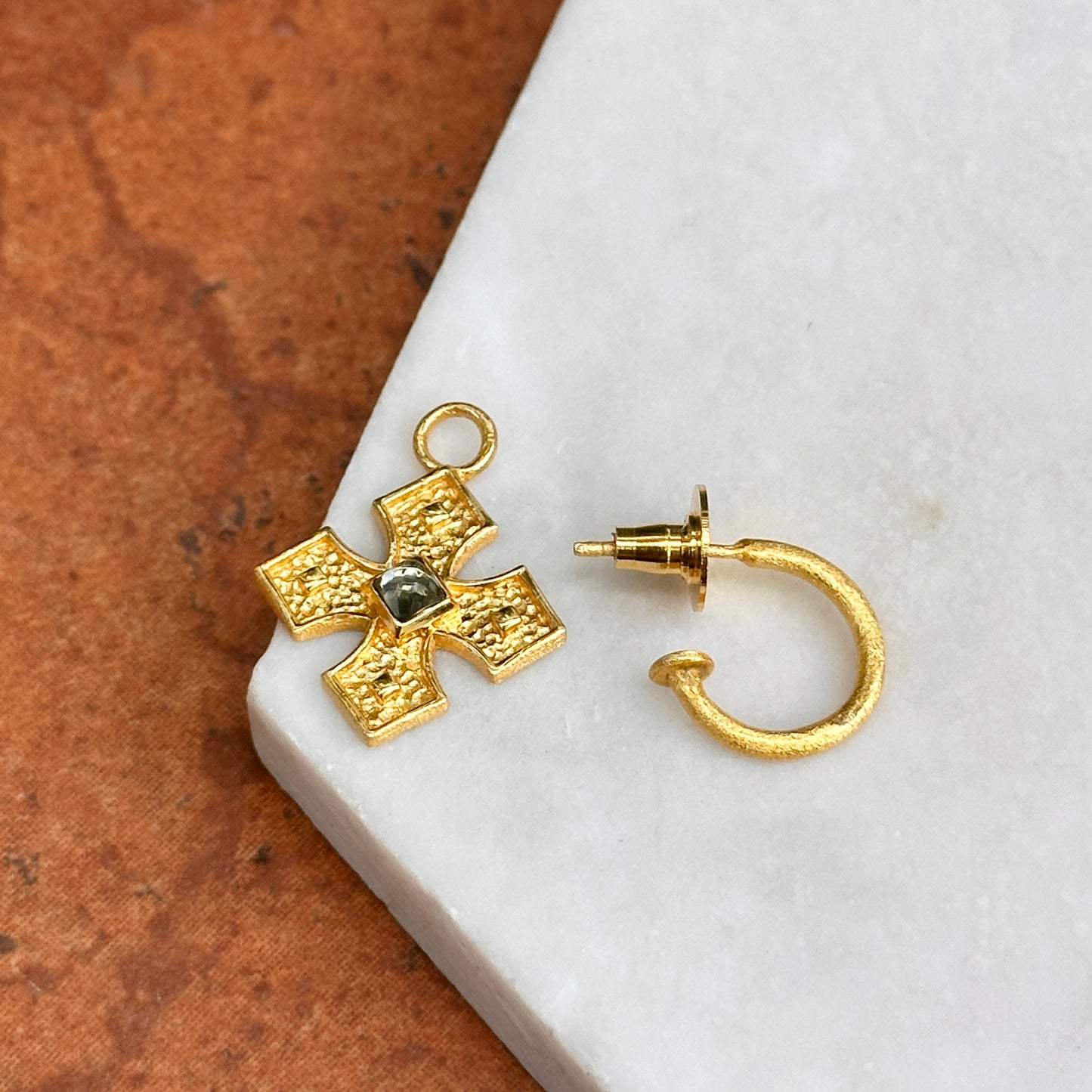 Yellow Gold-Plated Square Blue Stone Cross Dangle Hoop Earrings