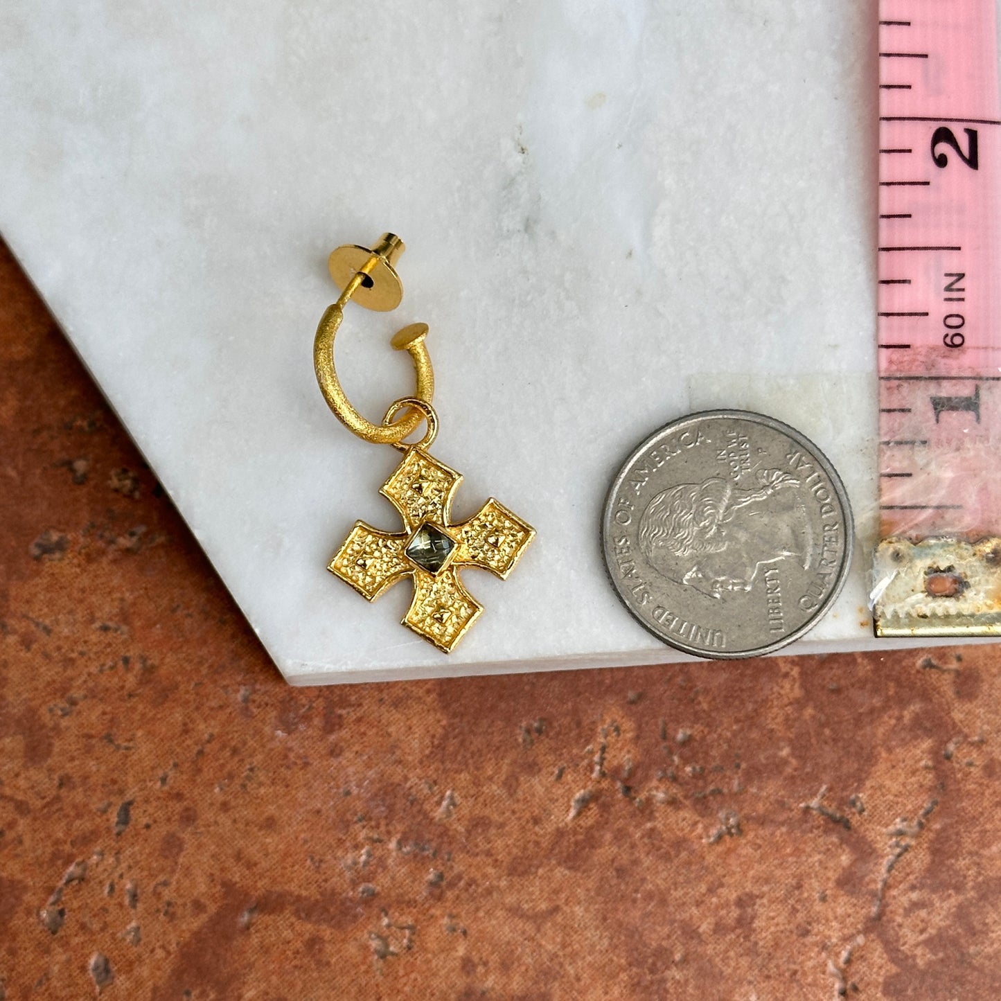 Yellow Gold-Plated Square Blue Stone Cross Dangle Hoop Earrings