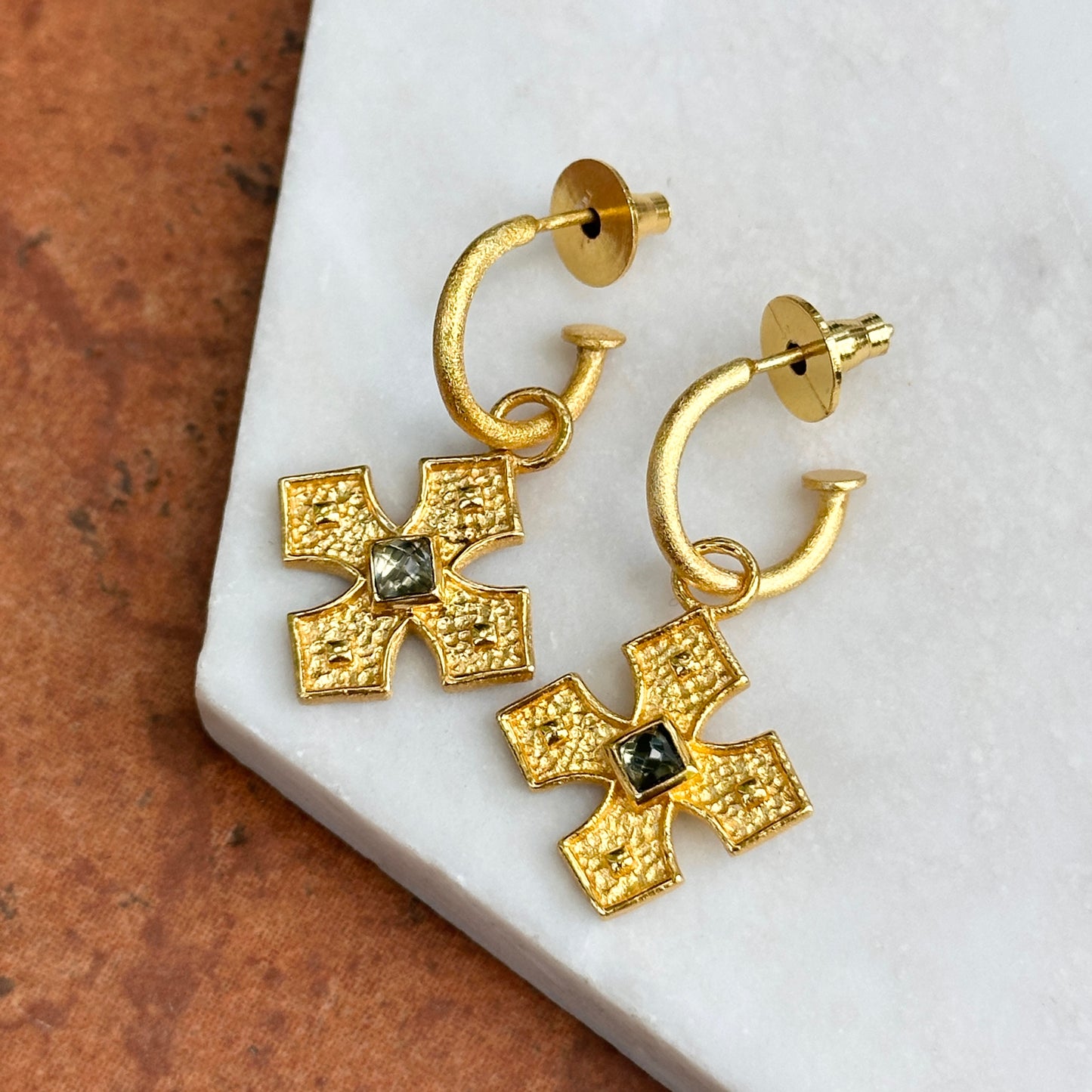 Yellow Gold-Plated Square Blue Stone Cross Dangle Hoop Earrings