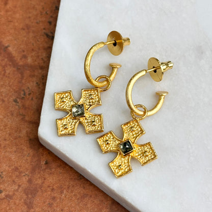 Yellow Gold-Plated Square Blue Stone Cross Dangle Hoop Earrings